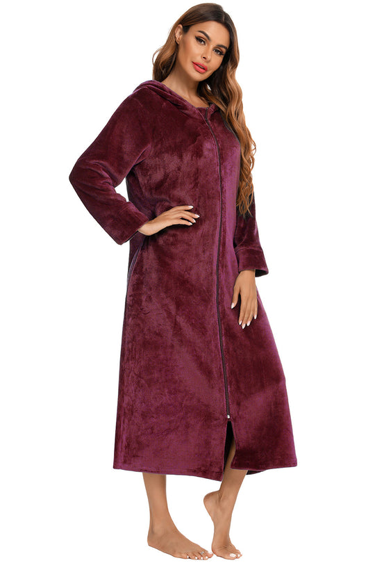 Zip-front hooded nightdress with pockets, burgundy