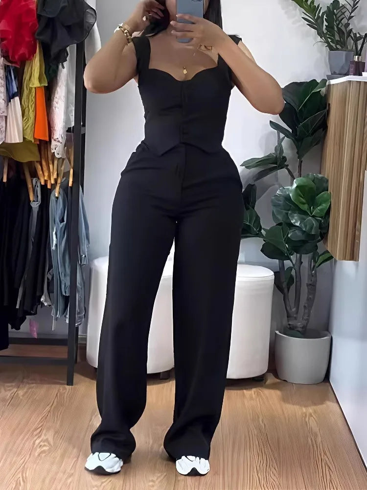 Chic Women Suit Y2k Sexy Two Piece Set Summer Sleeveless Slim Vest And Wide-leg Trouser Sets Elegant Solid Pants Women&
