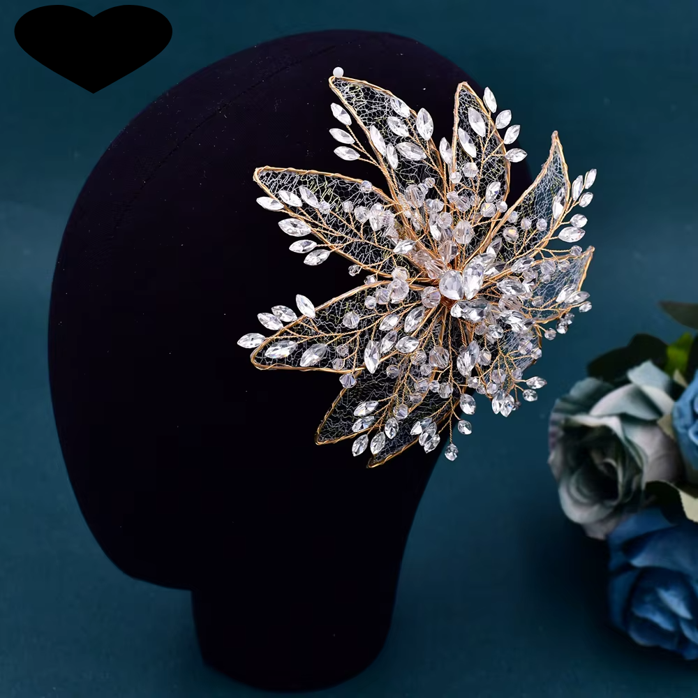 Gold-tone crystal rhinestone tiara headband with leaf branches and central gem