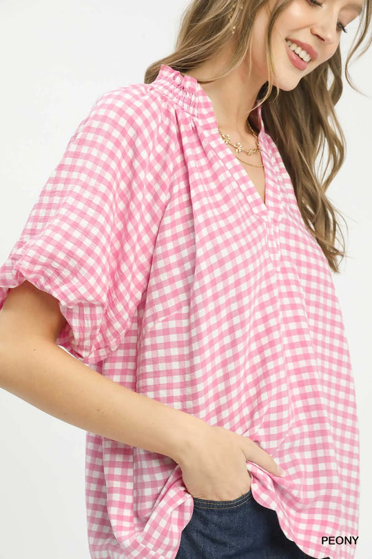 Pink PEONY gingham blouse close-up of puff sleeves and V-neck