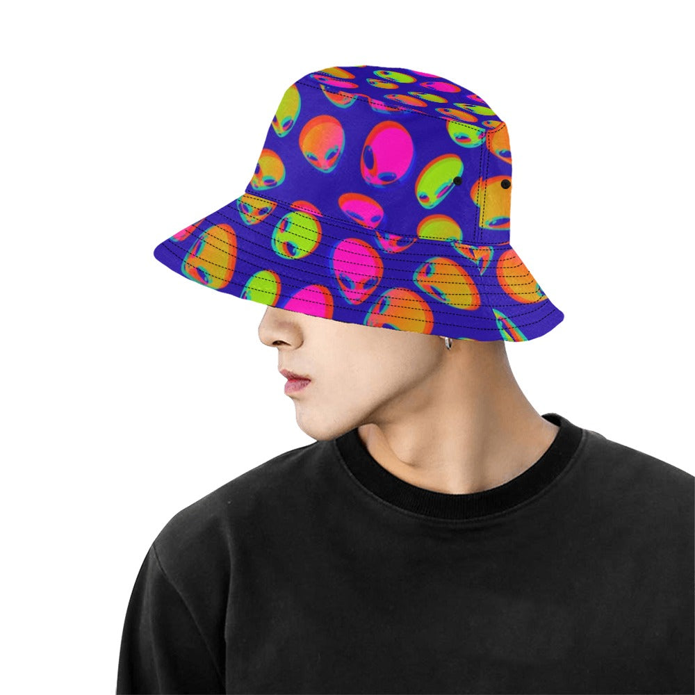 Purple bucket hat with neon alien-face pattern and curved brim