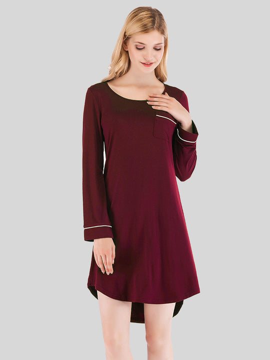 Nachtkleid mit Rundhalsausschnitt und Tasche, Wine, 3/4-Ärmel mit Zierband