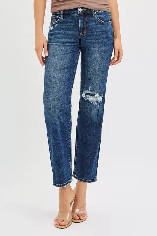 High-rise crop slim straight jeans in dark blue with distressed knee patch detail