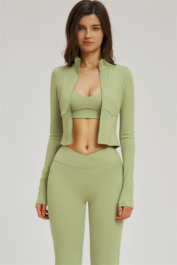 Olive green 3-piece set: zip jacket, sports bra and flared leggings