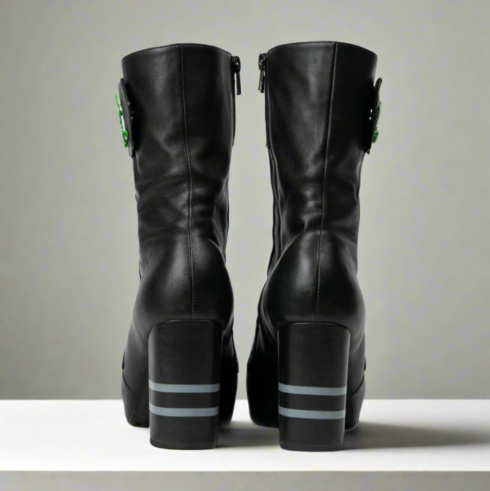 Black ankle boots back view with zipper and striped heel panel