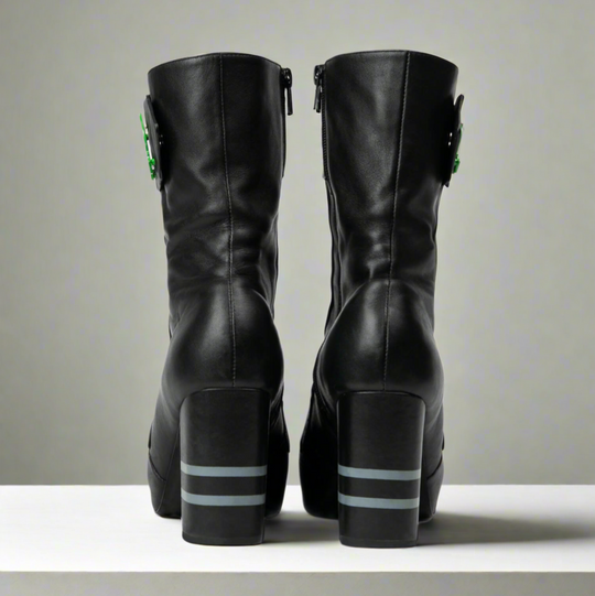 Black ankle boots back view with zipper and striped heel panel