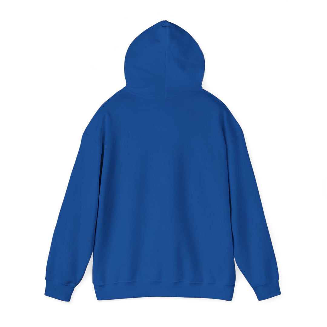 Unisex blue hoodie, back view with hood and long sleeves