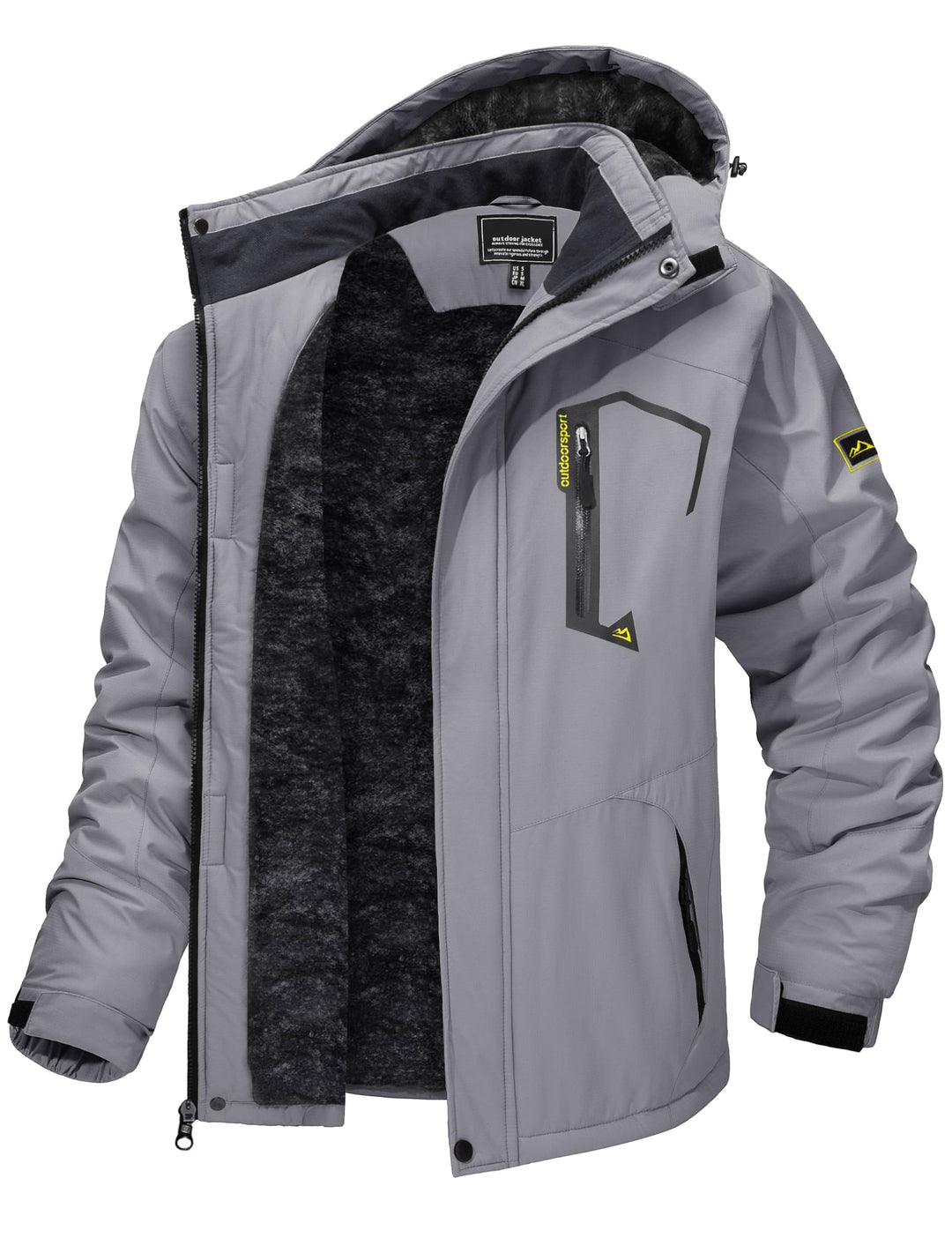 Hellgraue Winter-Skijacke mit Kapuze, Fleece-Futter und Front-Reißverschluss