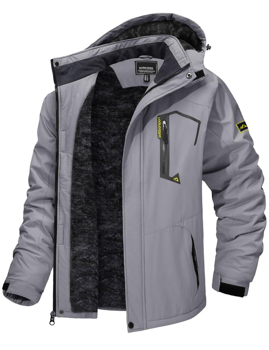 Men’s winter ski jacket with hood, light gray shell and dark fleece lining