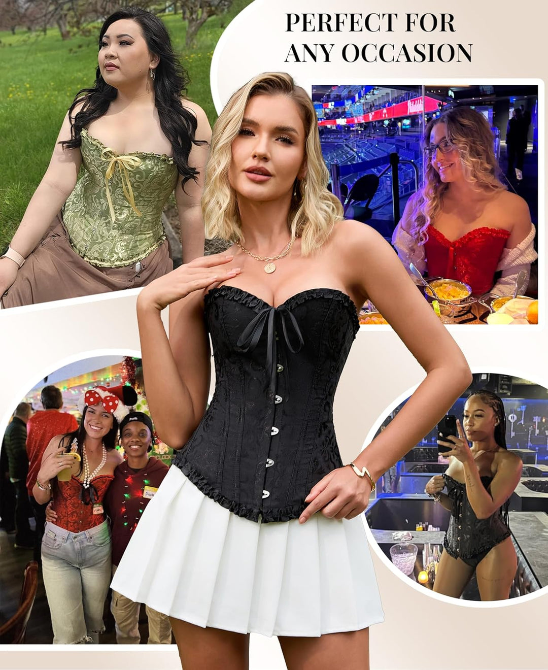 Black strapless corset with bow front and lace-up panel, styled with white skirt