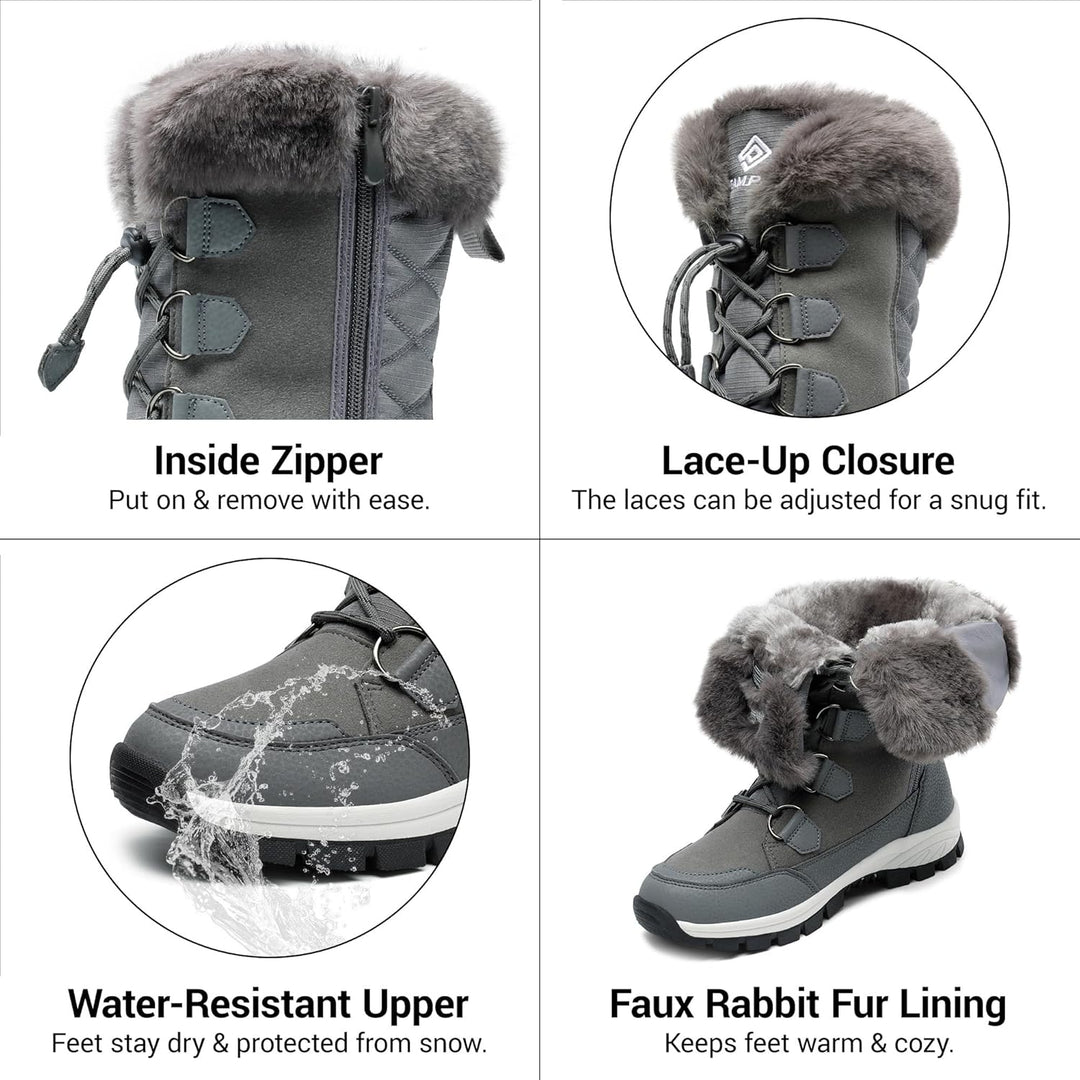 Waterproof winter snow boots in dark grey with lace-up closure and faux fur cuff