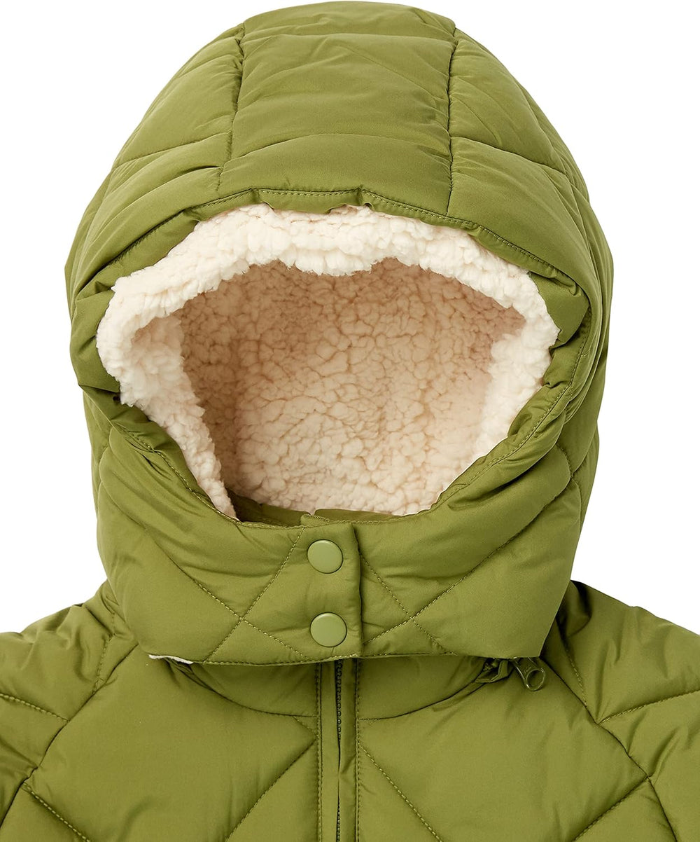 Olive quilted puffer coat hood with cream sherpa lining and snap front tabs