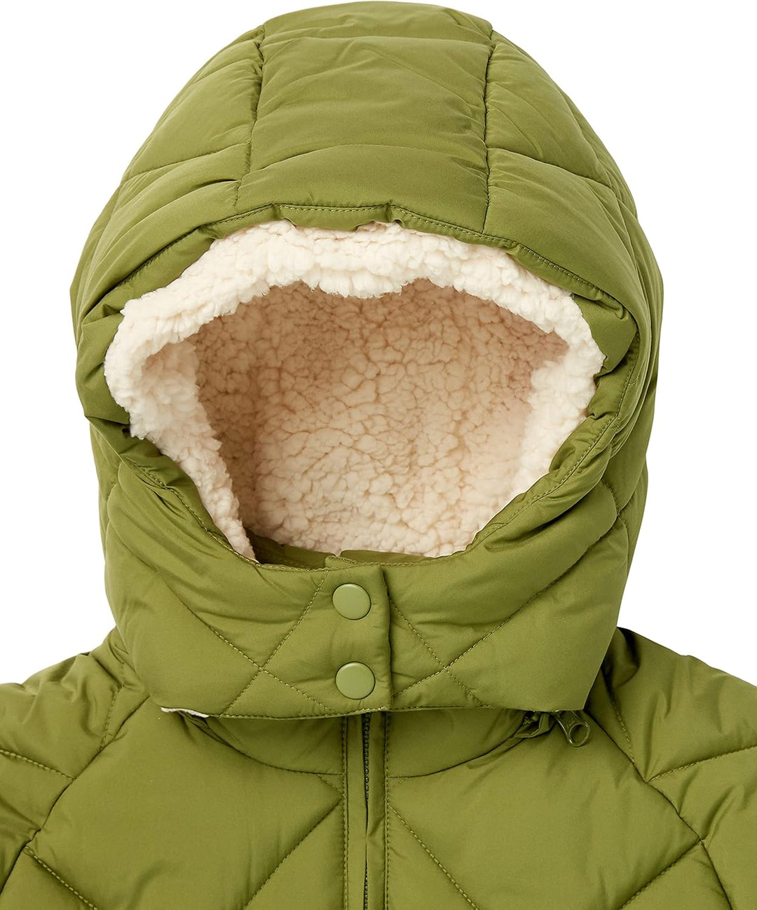 Olive quilted puffer coat hood with cream sherpa lining and snap front tabs