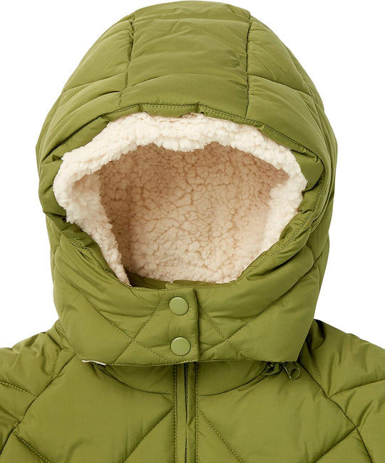 Olive quilted puffer coat hood with cream sherpa lining and snap front tabs