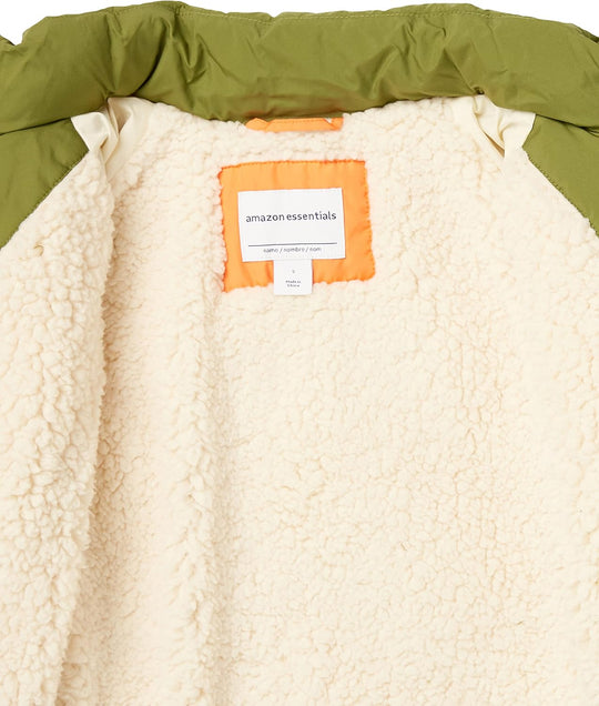 Cream sherpa interior lining with inner label on long quilted puffer coat