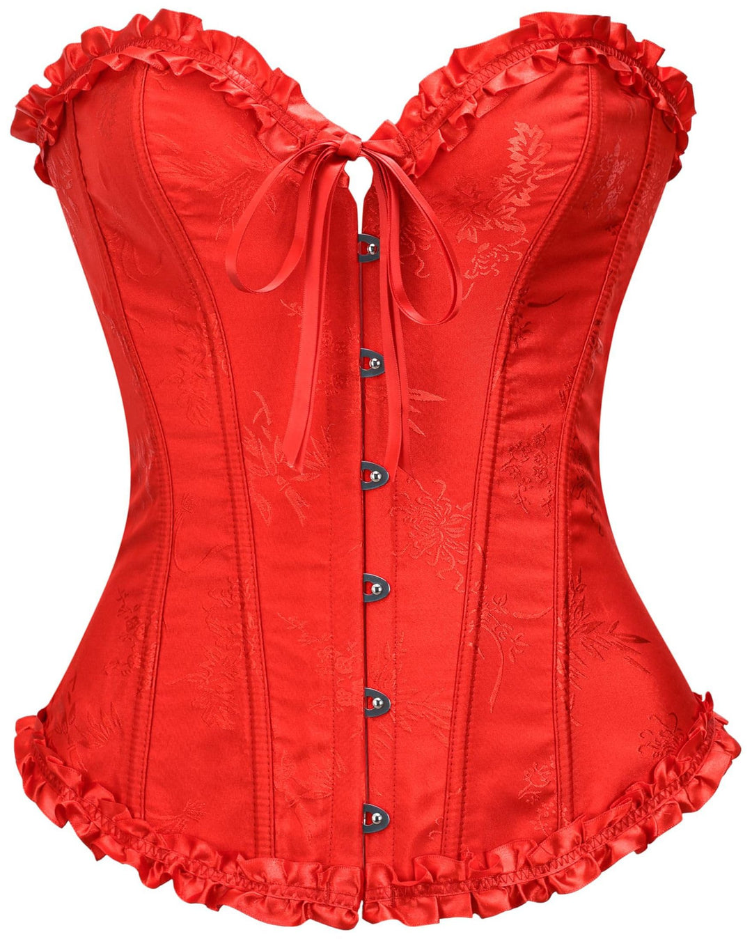 Red satin corset bodysuit with front hook-and-eye closure and ruffle trim