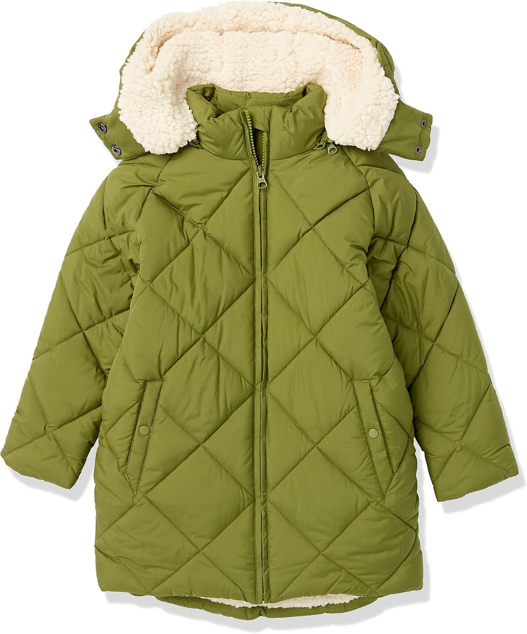 Girls’ long quilted puffer coat in olive green with sherpa-lined hood and zipper