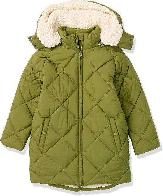 Girls’ long quilted puffer coat in olive green with sherpa-lined hood and zipper
