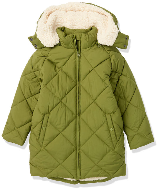 Olive green hooded cocoon puffer coat with sherpa trim and diamond stitching