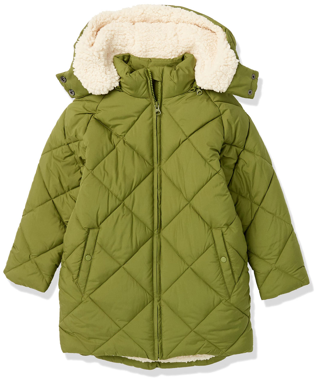 Olive green long quilted puffer coat with sherpa-lined hood and center zip