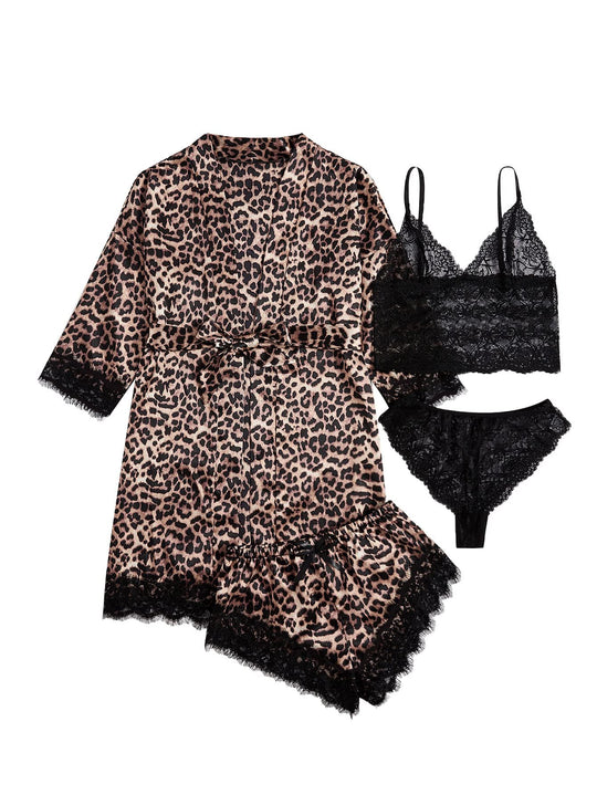 Seiden-Satin Schlafanzug-Set mit Leopardenmuster und schwarzer Spitze: Bademantel, Top, Shorts, String