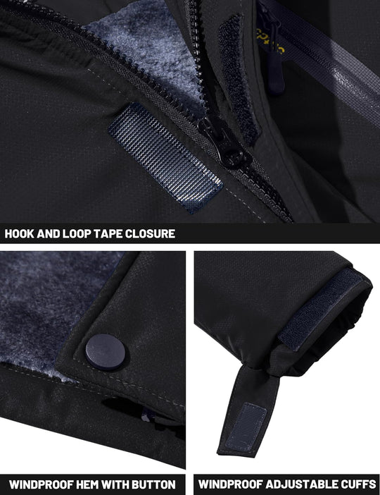 Ski-Jacke-Detail: Klettriegel am Saum und winddichte, verstellbare Ärmelbündchen mit Knopf
