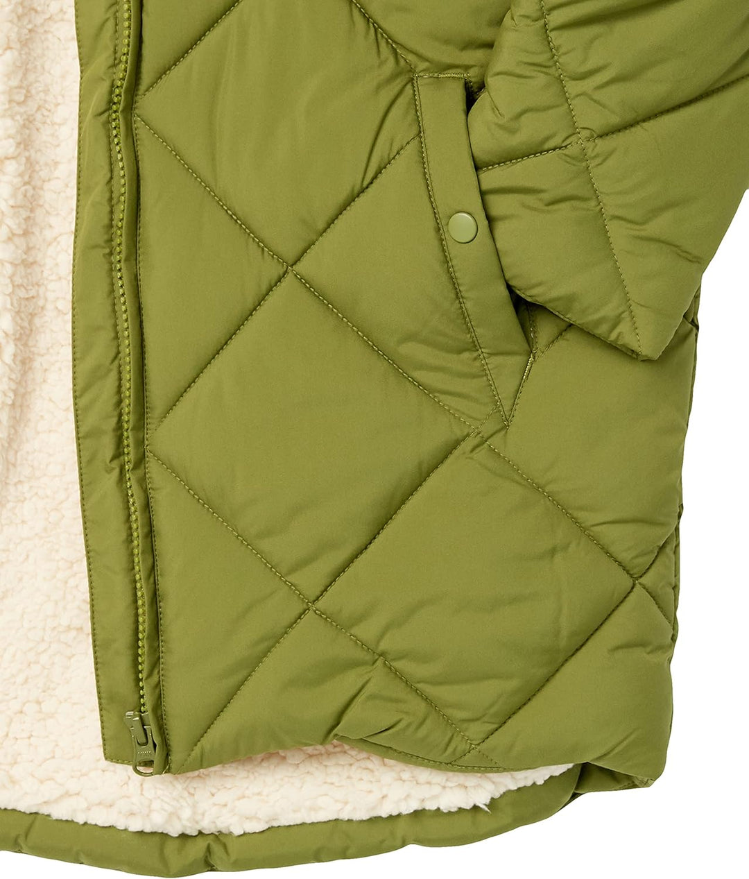 Olive green diamond-quilted long cocoon puffer coat with sherpa hem trim