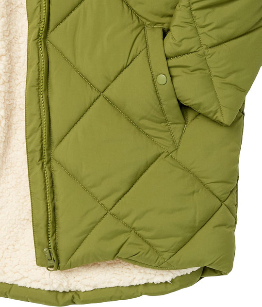 Olive green diamond-quilted long cocoon puffer coat with sherpa hem trim