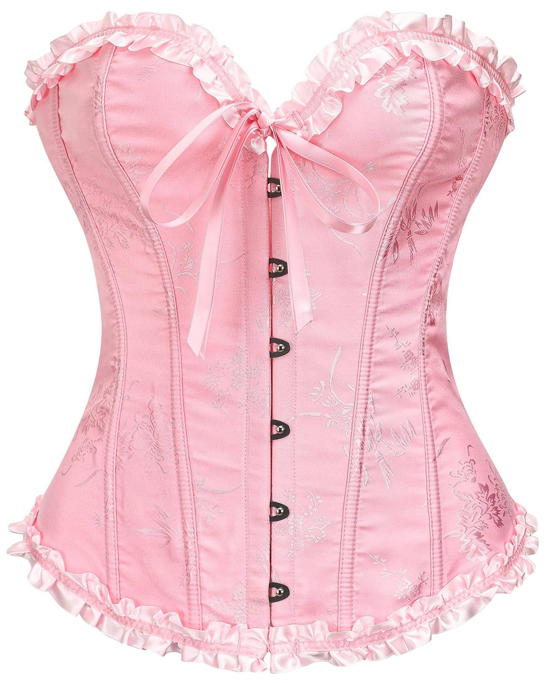 Pink corset bodysuit with lace-look embroidery, front hook-and-eye and ribbon bow