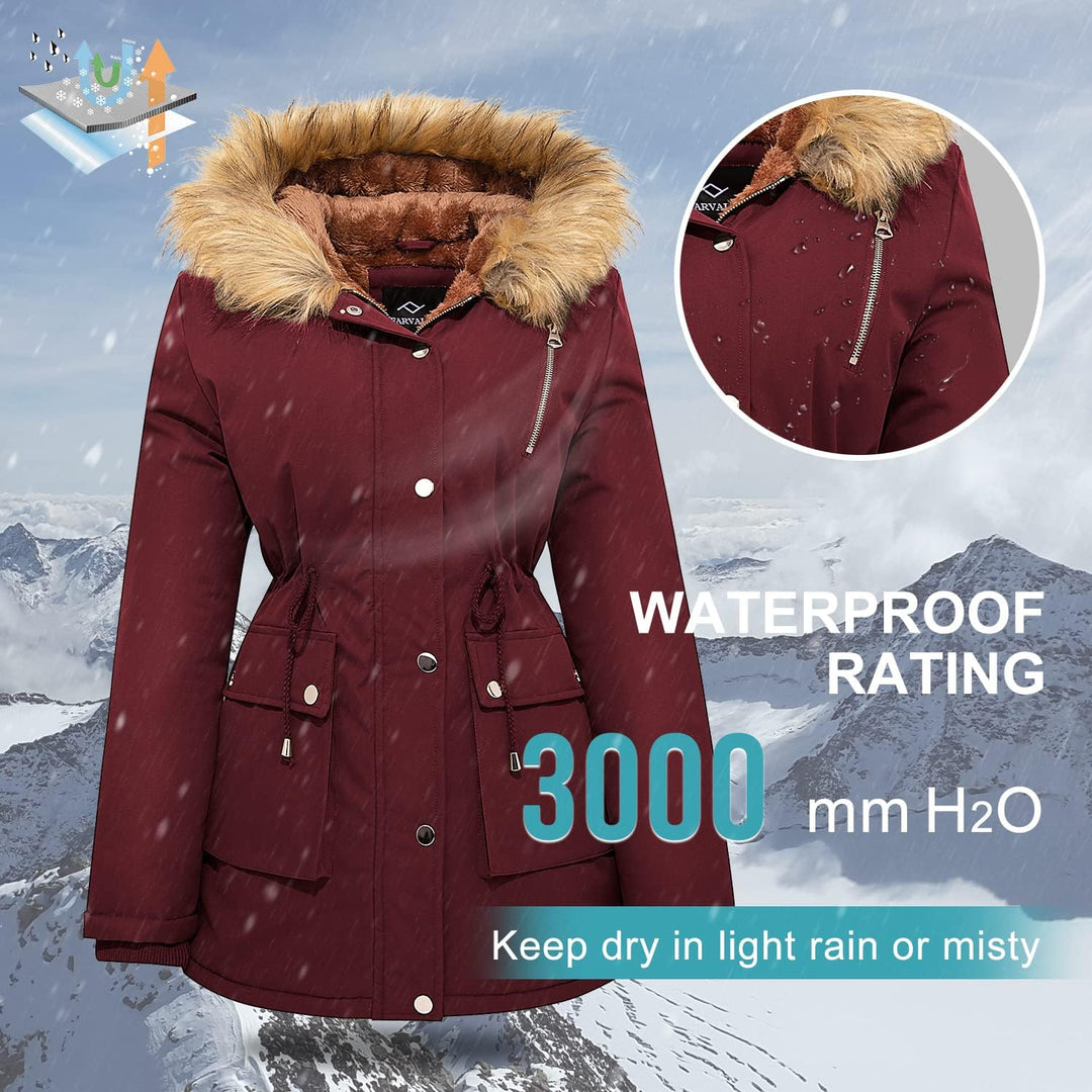 Wine-red water-repellent winter parka with faux-fur hood, button front, drawstring waist.