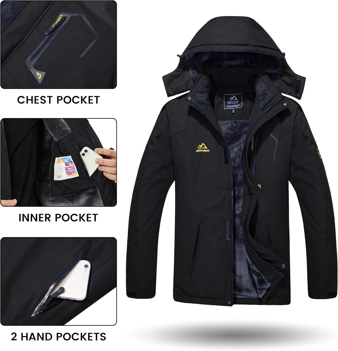 Schwarze Jacke mit Kapuze: Brusttasche, Innentasche und zwei Handtaschen