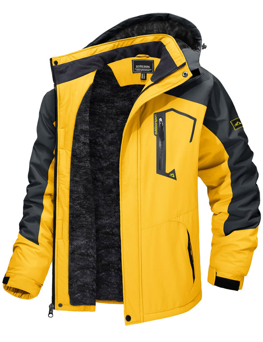 Men’s winter ski jacket with hood, yellow and black, insulated fleece lining