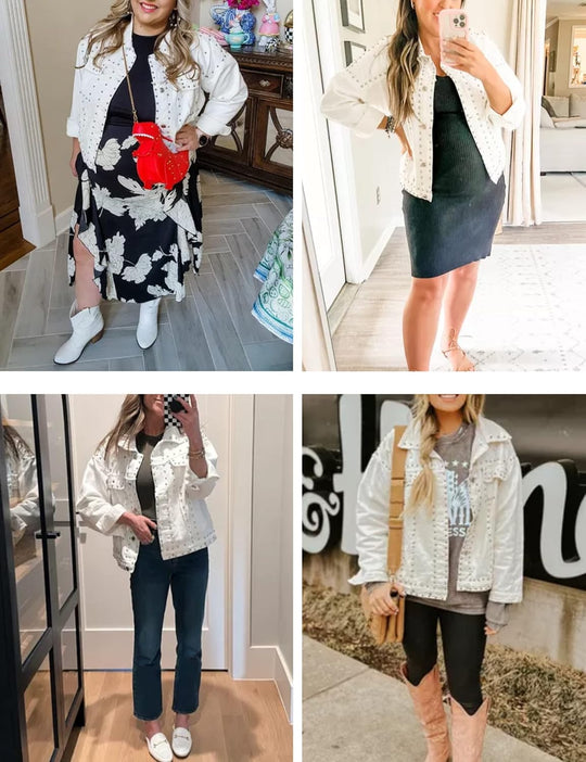 White cropped jean jacket with silver rivets and flap pockets, styled over a black top
