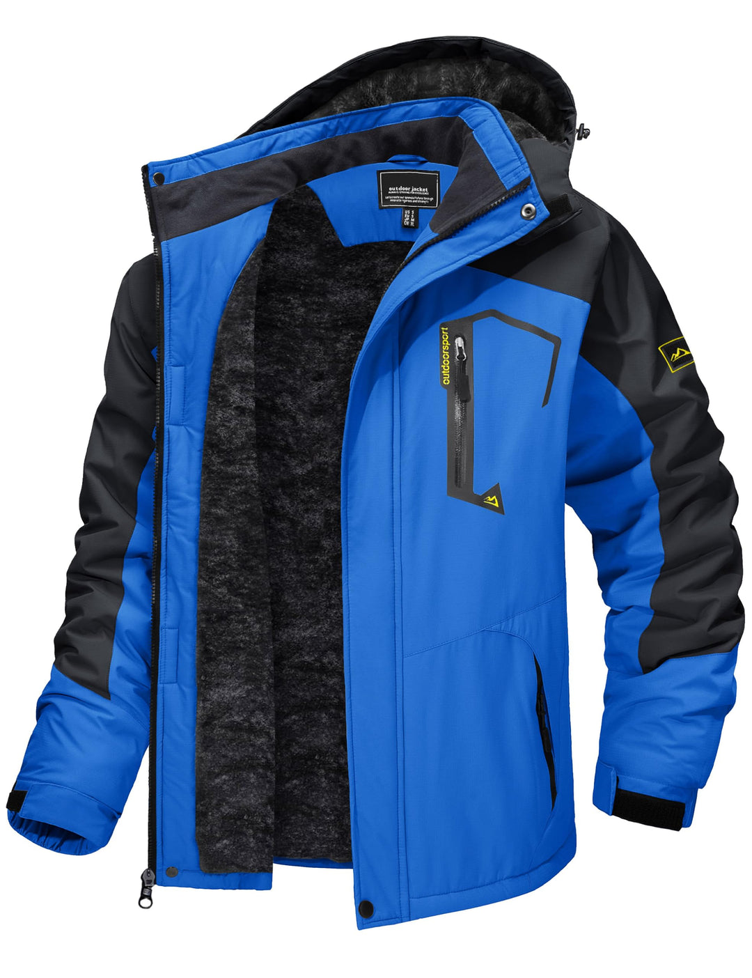 Winter-Skijacke mit Kapuze, leuchtblau und schwarz, isoliertes Fleece-Futter