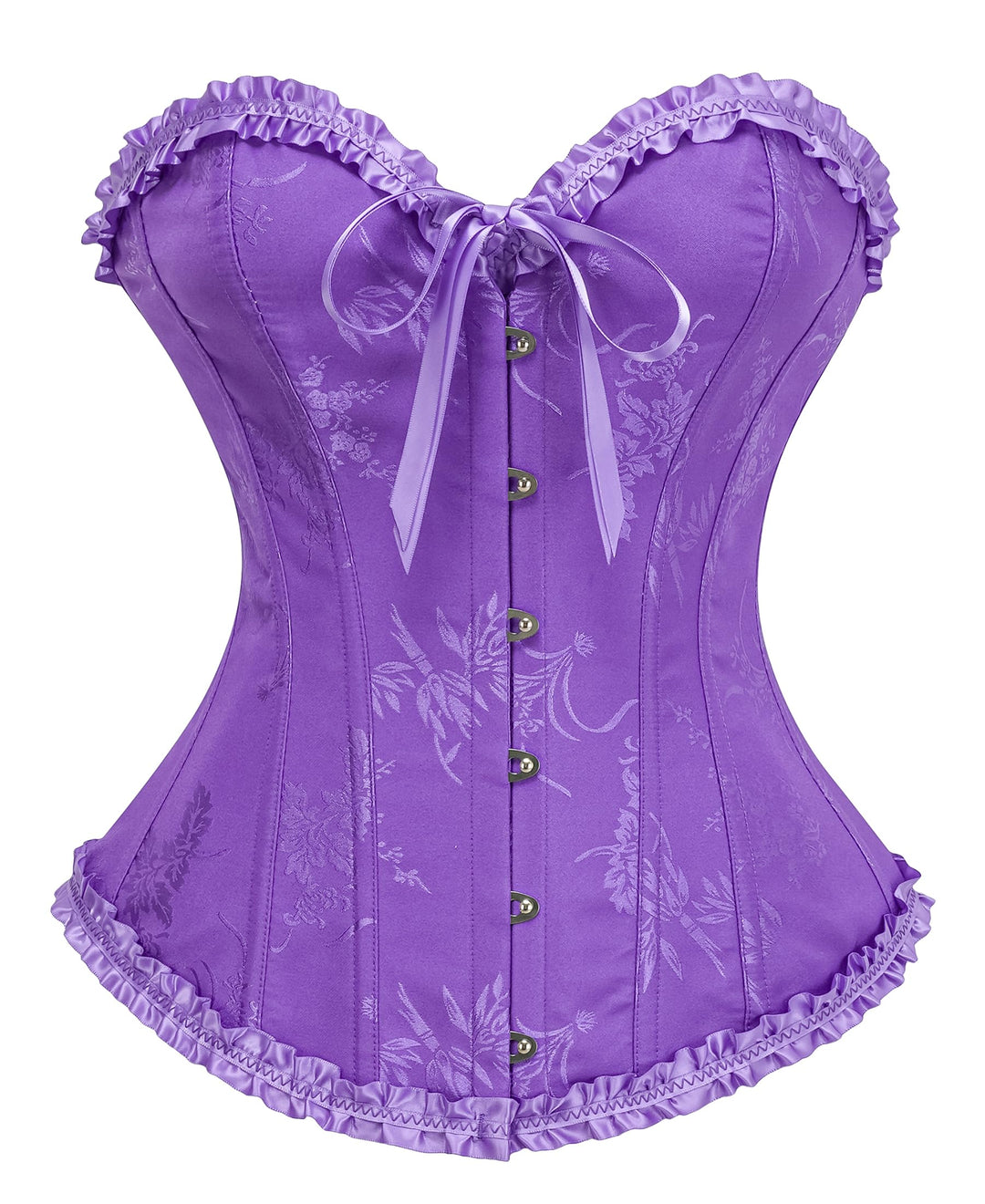 Purple corset top with sweetheart neckline, bow ties, hook-and-eye closure, ruffle trim
