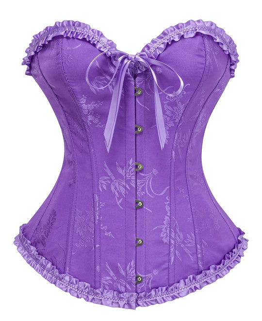 Lavender corset top with front buttons, ribbon bow details and ruffled neckline