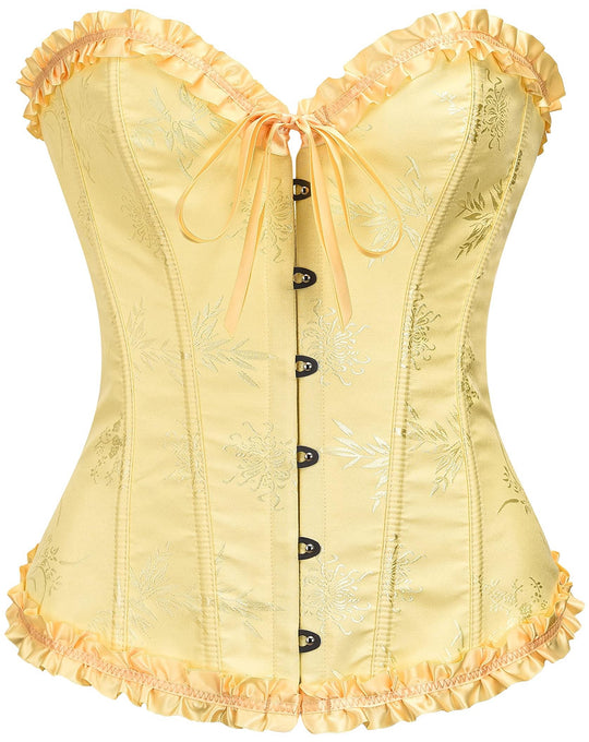 Cream corset top with sweetheart neckline, lace-like embroidery, bow detail, ruffled hem