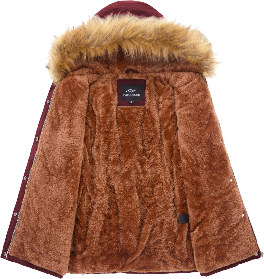 Ginger-brown parka lining with plush faux-fur interior and faux-fur hood trim.