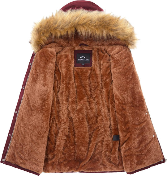 Ginger-brown parka lining with plush faux-fur interior and faux-fur hood trim.