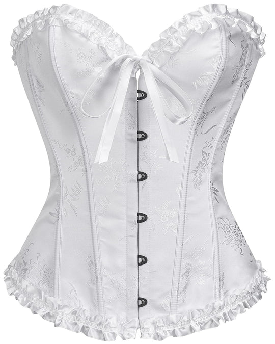 White corset top with front buttons, sheer lace-like pattern, ruffle trim and bow ties
