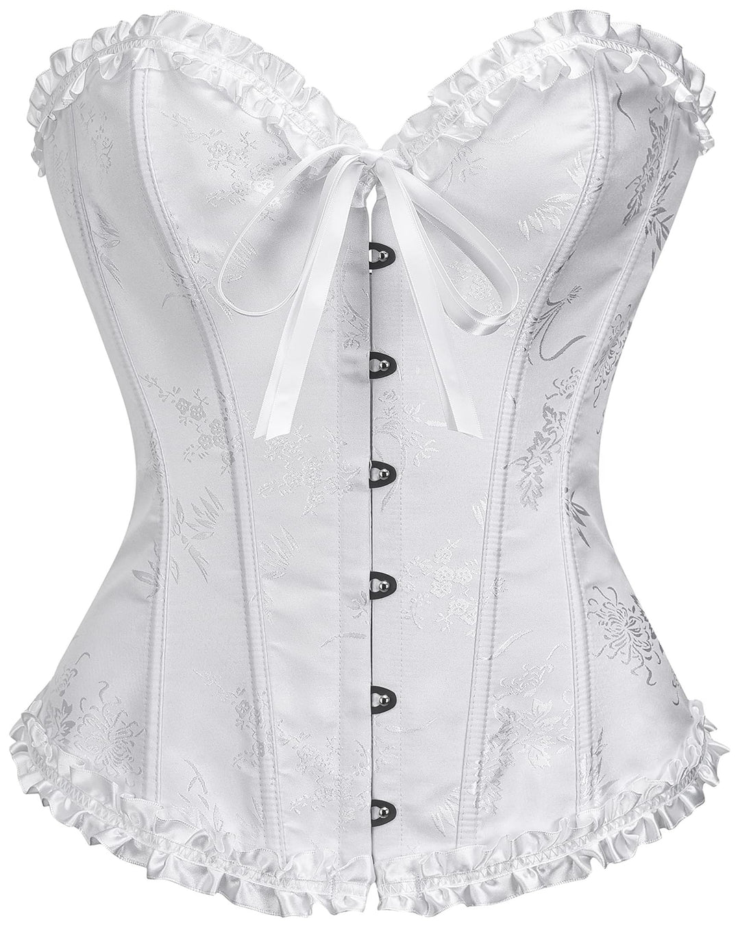 White corset top with delicate embossed pattern, front ribbon ties, ruffled hem