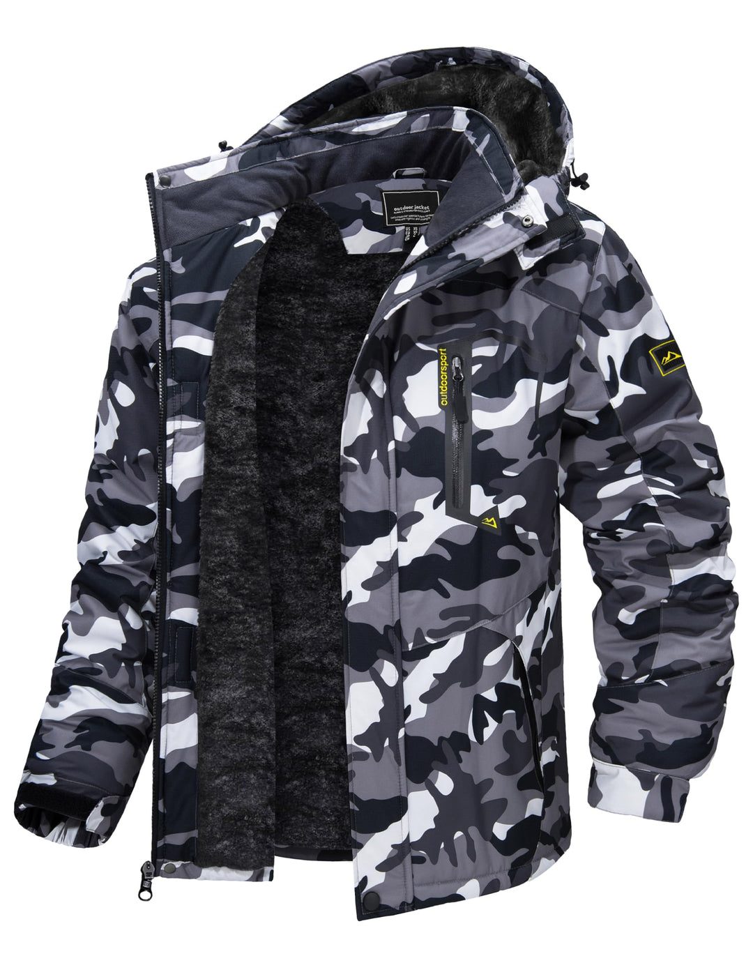 Men’s winter ski jacket with hood, insulated fleece lining, gray camouflage shell