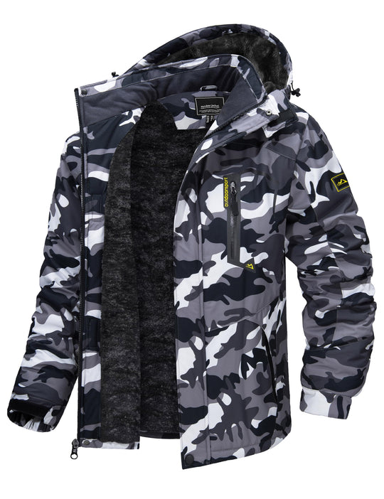 Men’s winter ski jacket with hood, camouflage shell and dark fleece lining