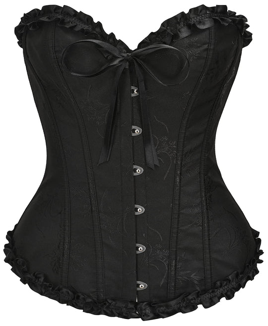 Black lace corset top with ruffled trim, front ribbon bow, hook-and-eye closure