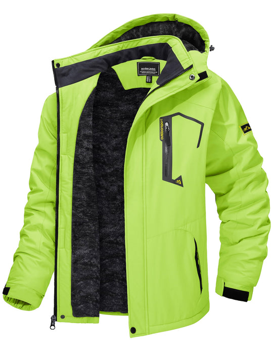 Men’s winter ski jacket with hood, neon green shell and dark fleece lining
