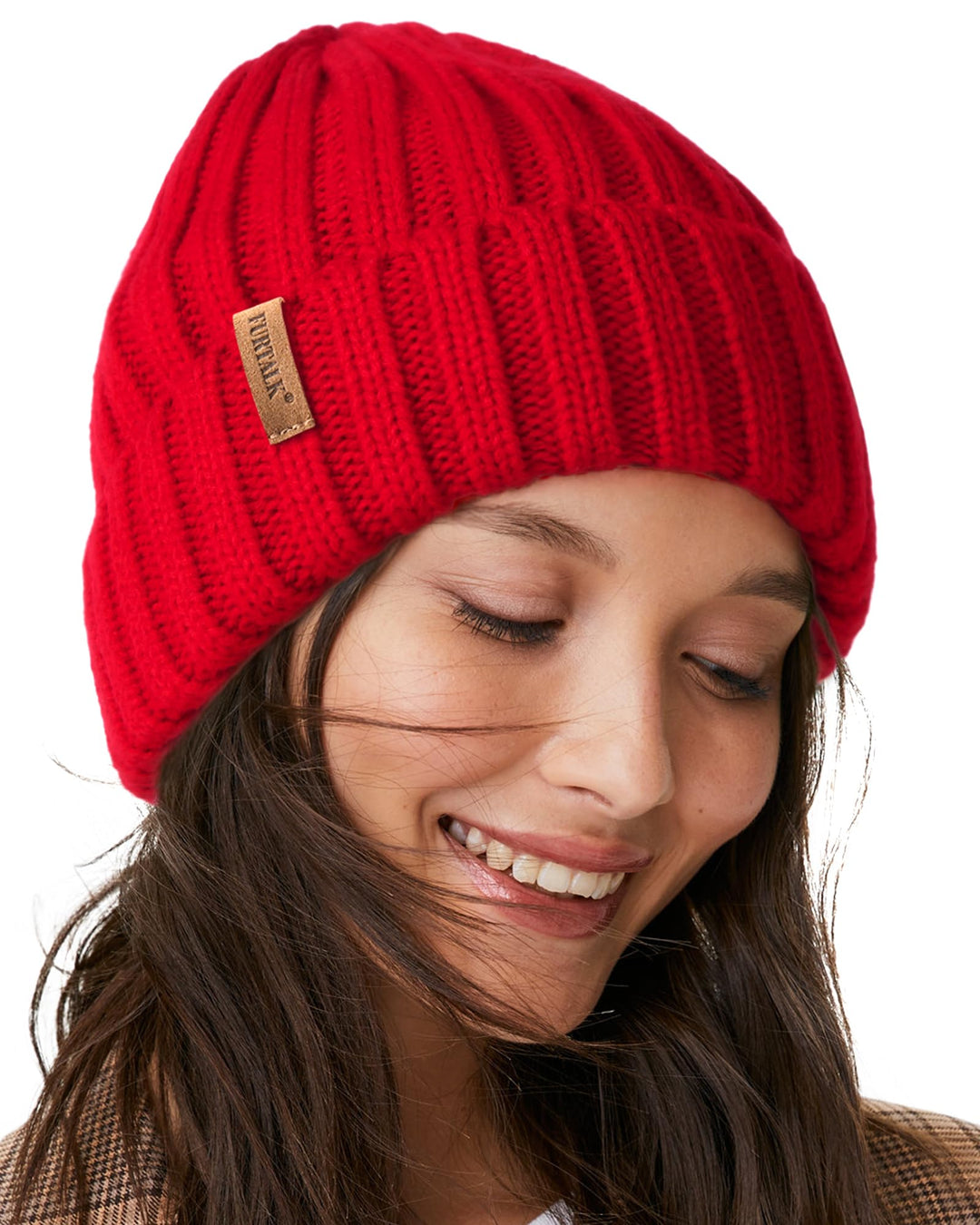 Rot Strickmütze für Damen, grob gerippt, Umschlag mit braunem Label