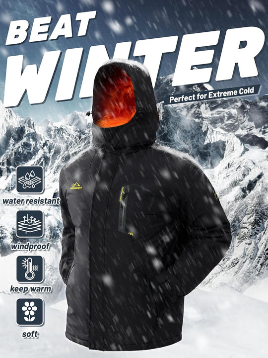 Schwarze Winterjacke mit Kapuze: Icons für wasserfest, winddicht und warm (Grafik)