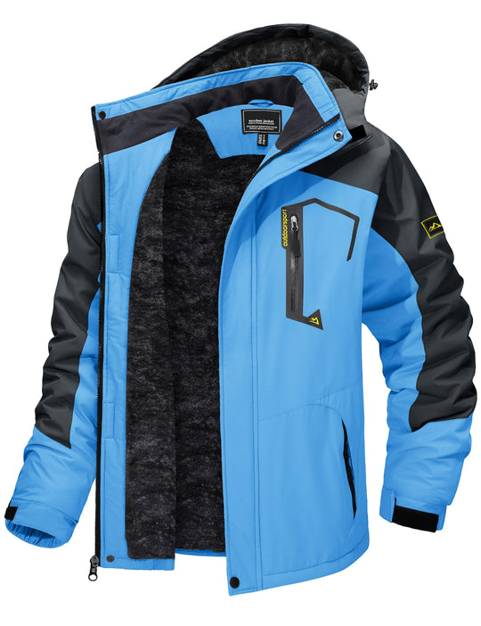 Men’s winter ski jacket with hood, water-resistant insulated fleece lining, light blue/black