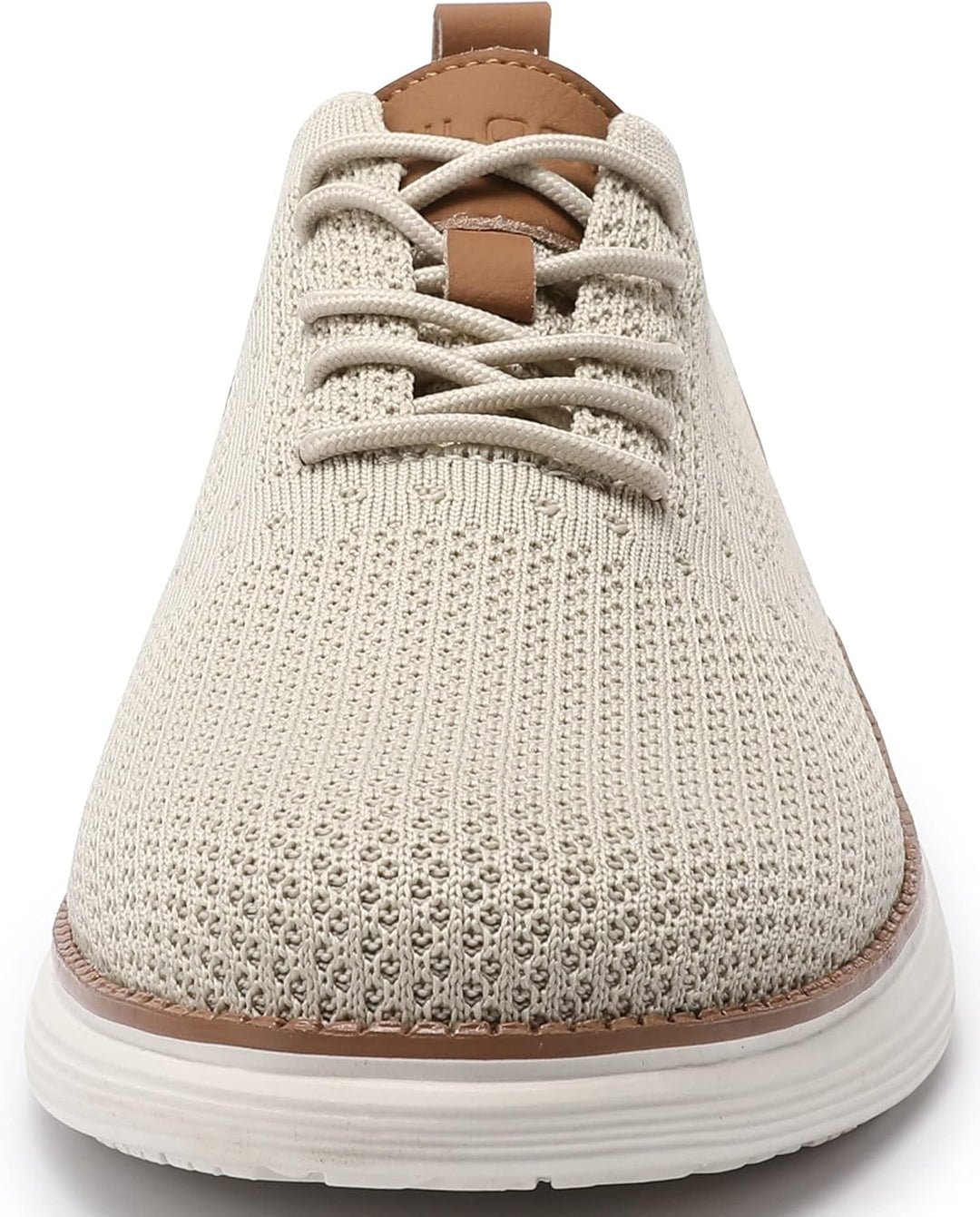 Beige knit mesh sneakers with brown heel pull tab and padded lace collar