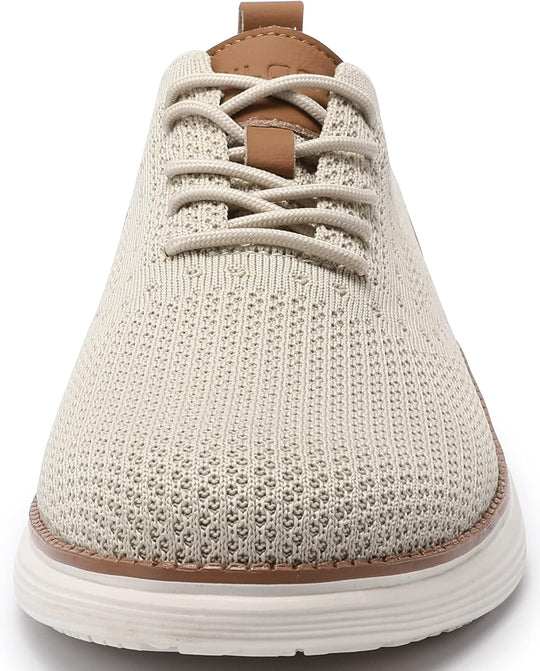 Beige knit mesh sneakers with brown heel pull tab and padded lace collar